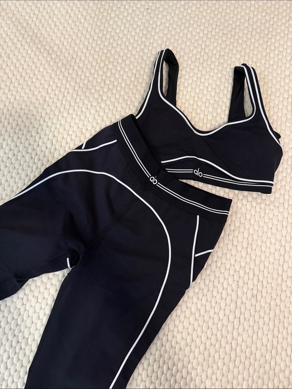 ALO Yoga Black Leggings and Sports Bra Set with White Piping